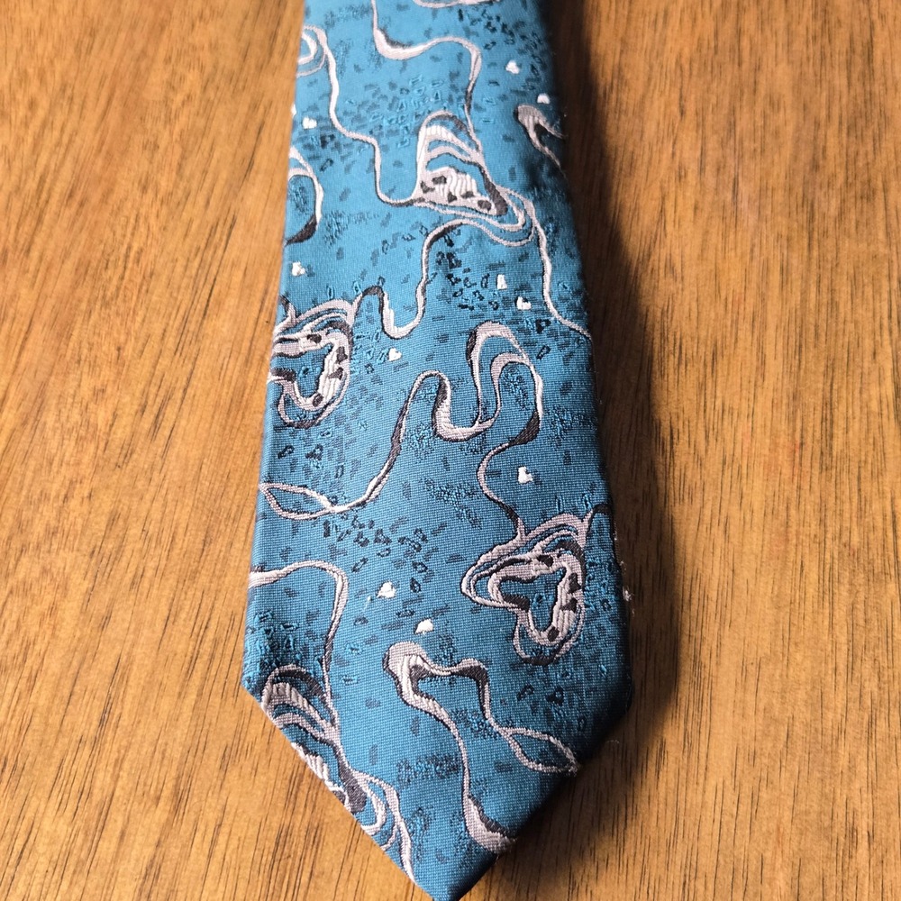Johnny Carson Mens Green Blue Abstract Swirl Silk Blend Necktie Made in USA Golf